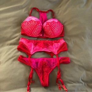 4 Piece Lingerie Set Pink & Red Bra, Panties, (2) Garter Belts